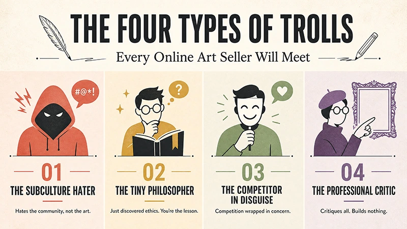 The four types of trolls every online art seller will meet — flat vector infographic by Fantasmatics. Four color-coded panels each with a simple character illustration: 01 The Subculture Hater, a red hooded figure with glowing eyes and an angry speech bubble, "hates the community, not the art"; 02 The Tiny Philosopher, a person reading a book with a thought bubble and question mark, "just discovered ethics, you're the lesson"; 03 The Competitor in Disguise, a smiling figure holding a microphone 