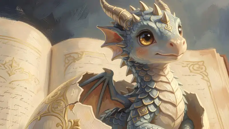 An adorable baby dragon hatching from a golden-patterned egg inside an open vintage book. The dragon has blue and white scales, large expressive golden eyes, and small horns. This whimsical fantasy digital painting features soft lighting and an illustrative art style, perfect for storytelling and fairytale themes.