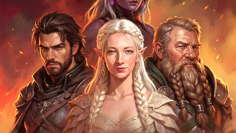A group of diverse fantasy characters, including a braided blonde elf, a rugged human warrior, and a bearded dwarf, standing together against a fiery orange background. This digital illustration captures a classic RPG adventuring party in a heroic pose, featuring detailed armor and painterly textures. Ideal for fantasy world-building, tabletop gaming, and character design inspiration.