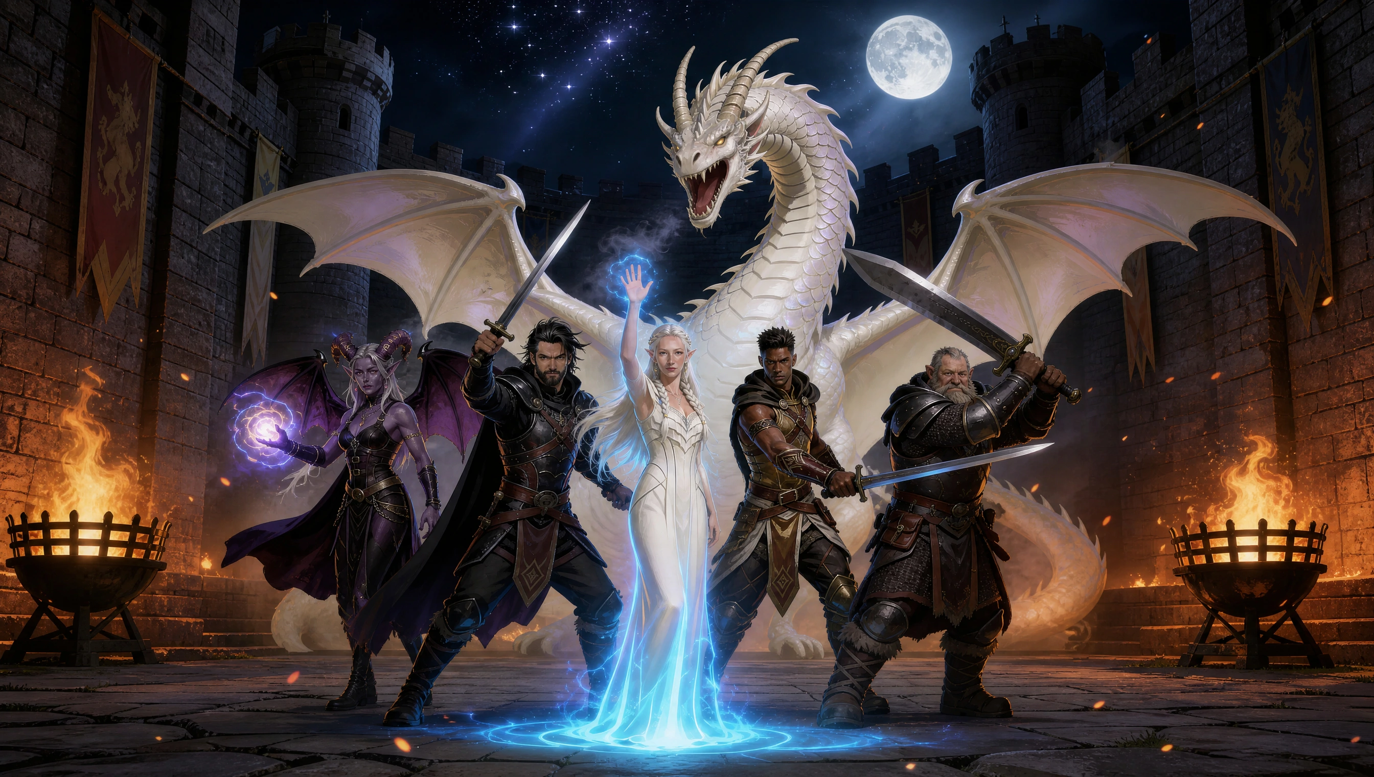 Epic fantasy illustration of five adventurers posing before a massive white dragon under a full moon. From left: a purple tiefling channeling magic; a dark-haired warrior in black armor with a sword; an elf-like woman in a white dress inside a glowing blue circle; a warrior with dark skin wielding a sword; and an older, bearded warrior holding a greatsword. They stand in a castle courtyard flanked by burning braziers.