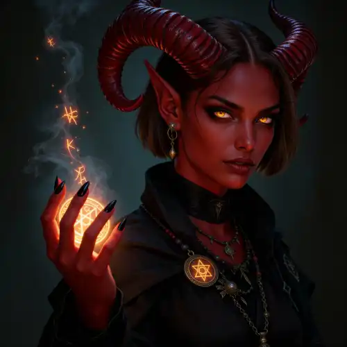 A tiefling sorcerer with curved horns and glowing eyes, channeling arcane fire magic in her hand, wearing dark clothing and mystical jewelry, representing an innate spellcaster class in RPG worlds.