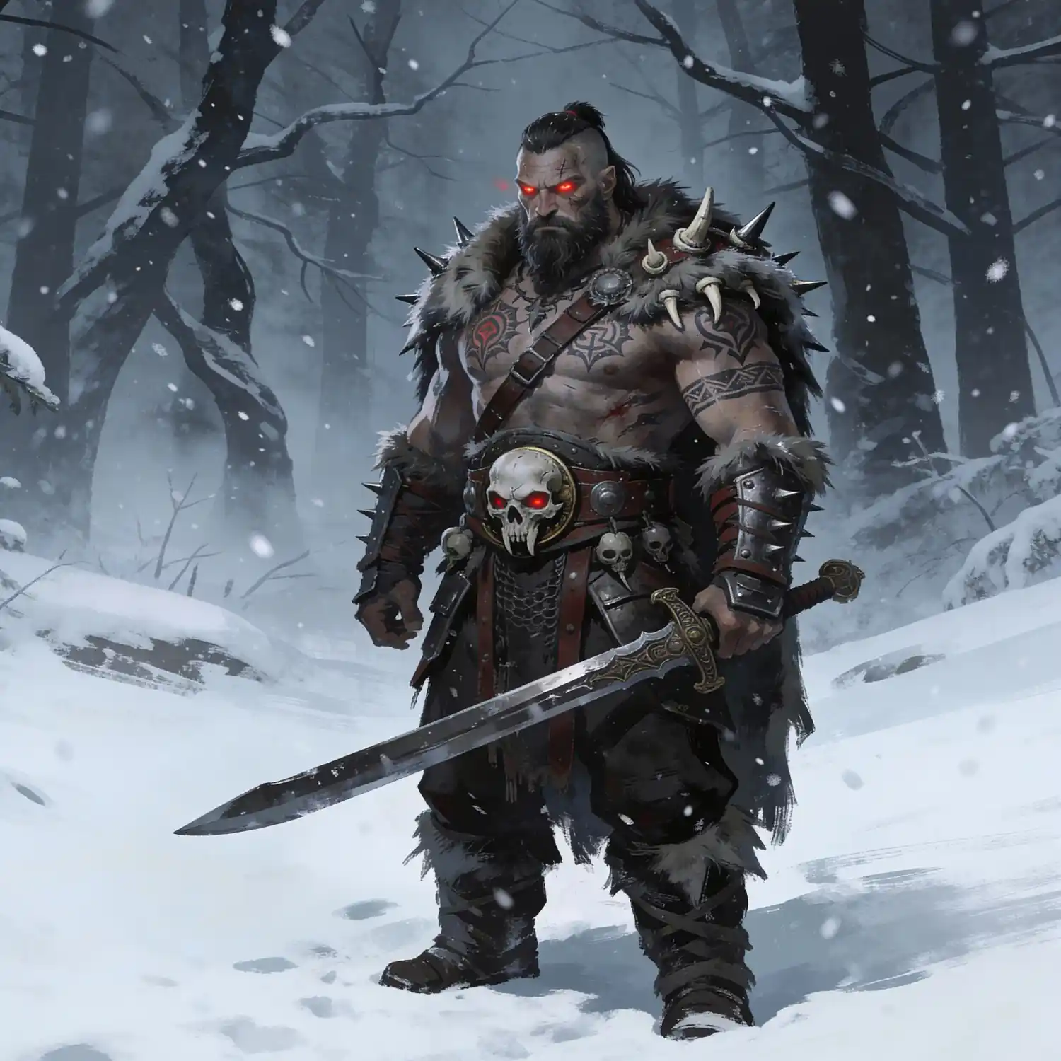 A barbarian warrior with a muscular build, fur-lined armor and tribal markings, wielding a large sword in a snowy forest, representing a fierce melee-focused class driven by strength and rage in RPG worlds.