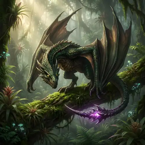 A wyvern dragon with green scales and large bat-like wings, perched on a moss-covered tree branch in a dense jungle, with a venomous tail stinger glowing with purple energy, representing a dangerous flying creature in fantasy RPG worlds.