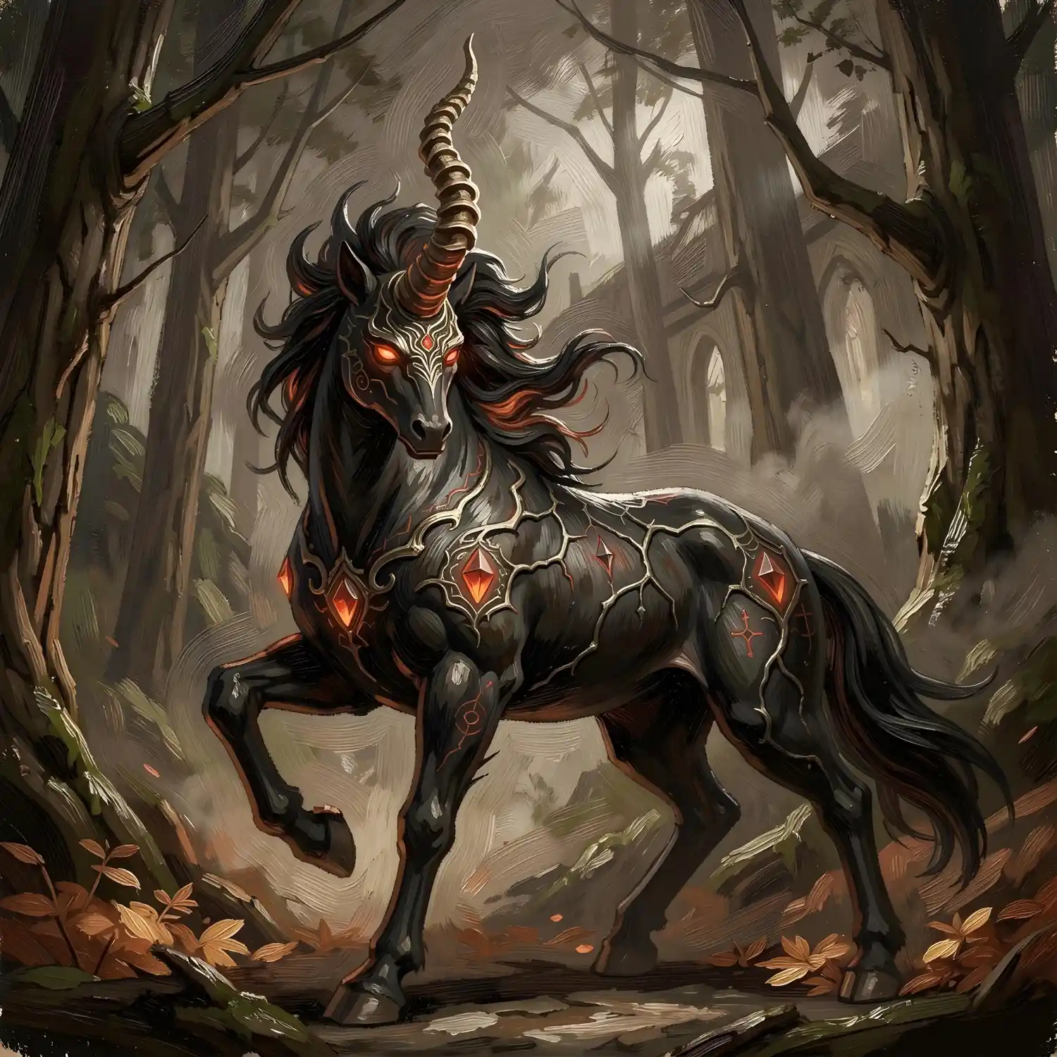 A dark unicorn with a spiraled horn and glowing red eyes, standing in a misty forest, with black fur veined by red magical energy and ember-like light on the ground, representing a corrupted or shadow-aligned mythical creature in fantasy worlds.