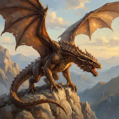 A large winged dragon with rugged scales and sharp claws, perched on a rocky mountain peak with wings spread wide and jaws open, representing a powerful and dangerous creature commonly found in fantasy RPG worlds.