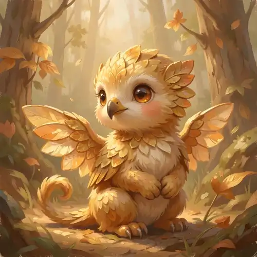 Adorable baby griffin with golden feathers and small wings sitting in an enchanted autumn forest with falling leaves, digital painterly 
fantasy art by Fantasmatics