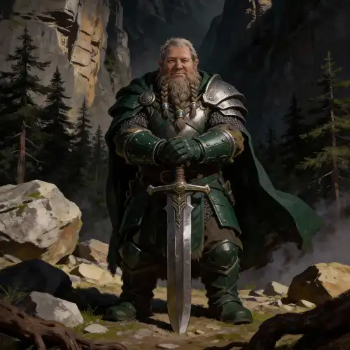 Dwarf warrior with a braided beard in green and silver plate armor, resting both hands on a large sword, standing among mountain rocks with pine trees and cliffs behind him
