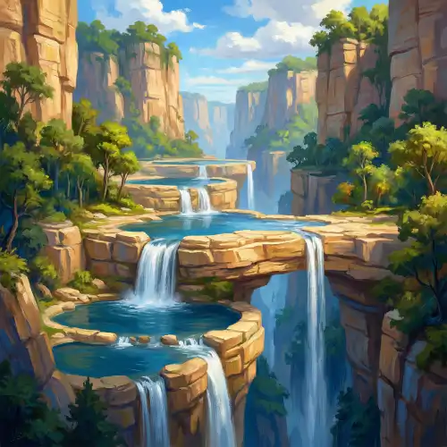 A digital illustration of a vibrant fantasy canyon landscape featuring a series of tiered natural pools carved into warm golden sandstone cliffs. Crystal-clear blue water flows from one level to the next, creating multiple cascading waterfalls that drop into the pools below and eventually plunge off the canyon's edge. The rocky terraces are dotted with lush green trees and shrubs growing from the crevices. Tall, sheer canyon walls rise on both sides, framing a bright blue sky with fluffy white clouds above. The scene has a layered, almost architectural quality, as if nature itself has sculpted a grand water garden. Style: fantasy digital art, bright and lush environment with a warm, adventurous atmosphere.