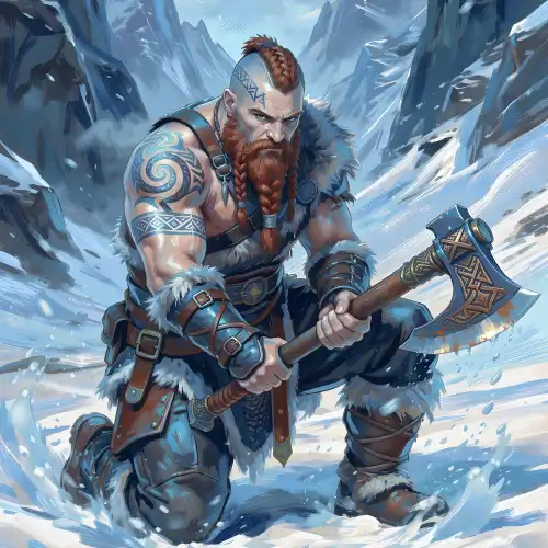 Muscular viking warrior with braided red beard and blue tribal tattoos wielding an ornate battle axe in a snowy mountain landscape, digital painterly fantasy art by Fantasmatics
