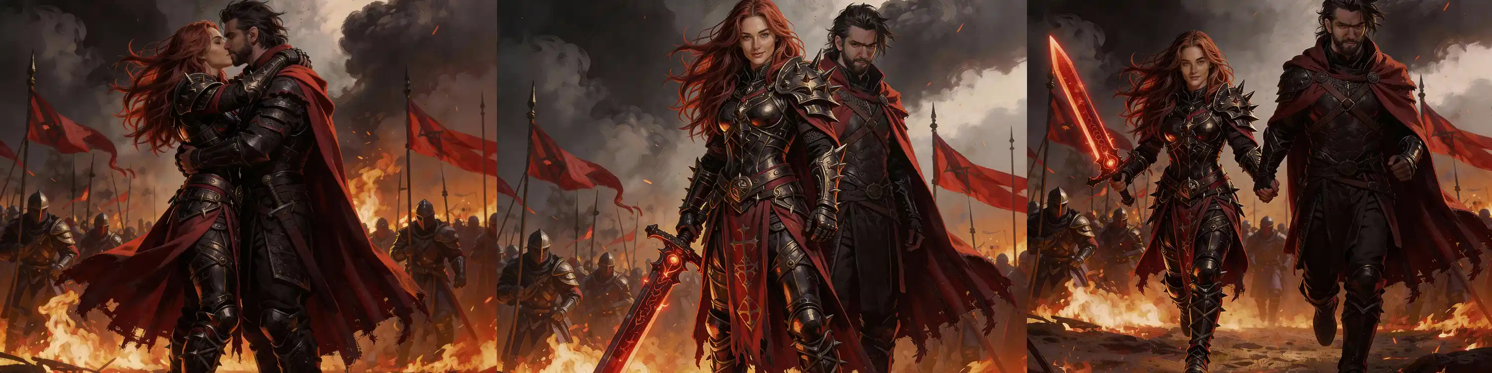 A pair of armored warriors with flowing red capes, shown in moments of intimacy and battle, standing together on a fiery battlefield, representing a powerful bond between two fighters in a dramatic dark fantasy setting.