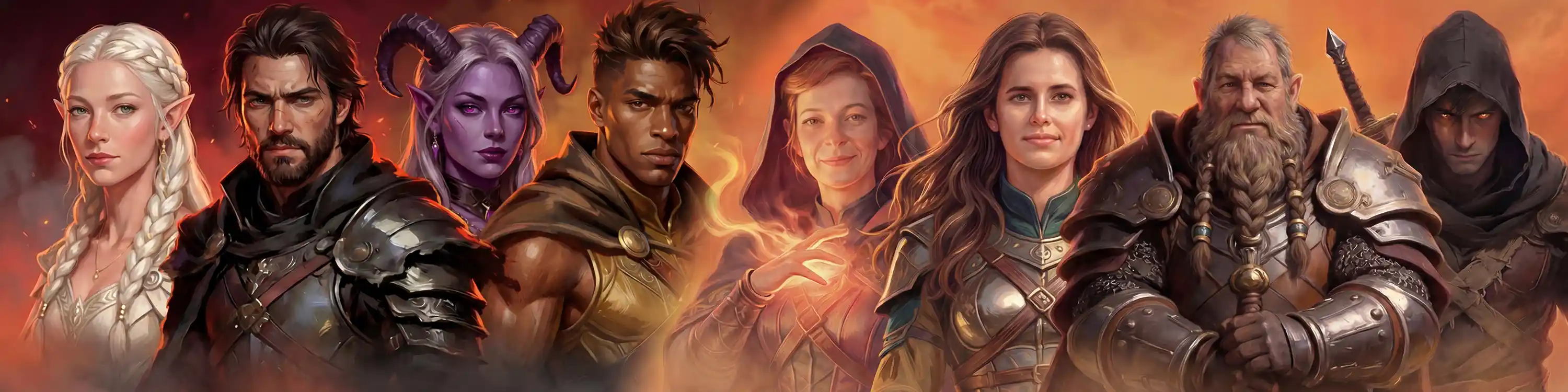 A diverse group of fantasy characters including an elf, warrior, tiefling, human fighter, dwarf, standing together in warm glowing light, representing a party of adventurers from different races and classes in a fantasy RPG world.