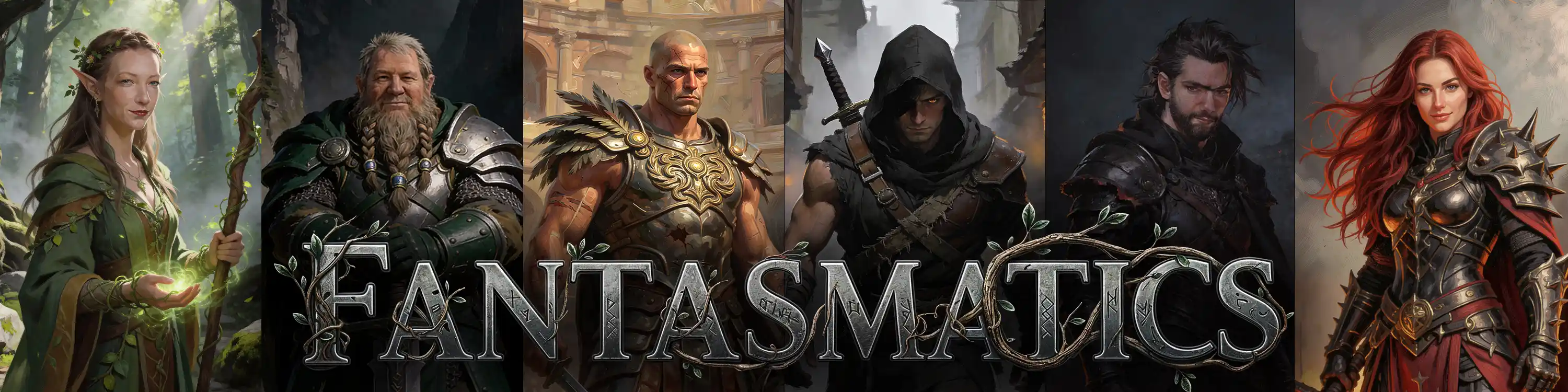 A lineup of fantasy characters including an elf druid, dwarf warrior, armored fighter, rogue, and knight, each portrayed with distinct armor and personality, arranged in a dramatic composition that showcases a diverse and immersive fantasy world.