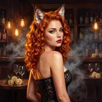 A red-headed fox spirit in a black lace corset looks over her shoulder in a dimly lit, atmospheric tavern. Soft smoke curls around her, and the warm glow of Edison bulbs highlights her kitsune ears and fiery curls in a modern-fantasy style.