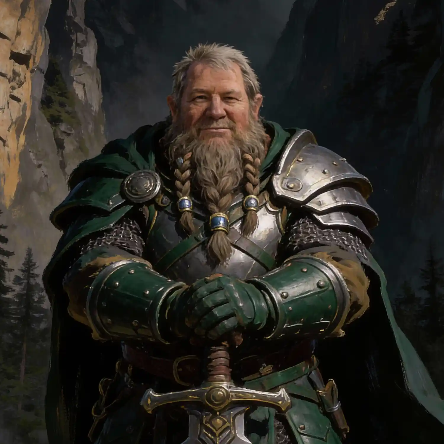 A fantasy portrait of a bearded dwarf knight standing in a mountain landscape. He wears full plate armor accented with green lacquer and a green cloak. His braided beard has decorative metal rings, and he has a calm, resolute expression while gripping his ornate sword.