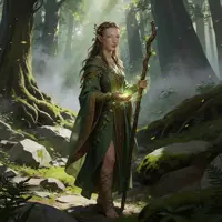 Fantasy art of a female Elf Druid or Nature Mage in green leafy robes. She holds a wooden staff with glowing earth magic in a misty, sunlit forest. Perfect for D&D character portraits, RPG gaming art, and woodland fantasy decor.