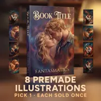 Promotional collage featuring the text "8 PREMADE ILLUSTRATIONS." The center shows a 3D book mockup with a romantic fantasy illustration of a couple on the cover, flanked by small thumbnails of the other available designs.