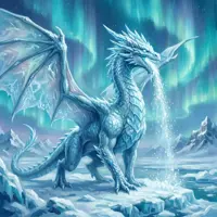 An icy-blue dragon with translucent, crystalline wings stands in a frozen tundra. It exhales a breath of shimmering frost into the air, while a vibrant green and teal aurora borealis dances across the starry night sky behind jagged, snow-capped peaks.