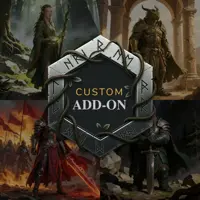 A professional high-fantasy promotional graphic featuring a central, hexagonal stone emblem. The emblem is etched with ancient silver runes and entwined with dark, thorny vines and small green leaves. The text "CUSTOM ADD-ON" is displayed in a bold, gold and white serif font at the center.