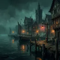 Moody medieval port town at night with timber buildings, glowing lanterns, and wooden docks reflected in dark, misty water.