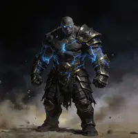 A hulking warrior in dark, heavy plate armor is infused with glowing blue magical energy that pulses through his gear and eyes. He stands in a dark, dusty environment, his silhouette radiating power and mystical menace.