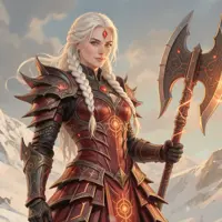 Medieval fantasy female warrior concept art, powerful blonde braided woman in red decorative armor wielding great axe, snowy mountain range background, RPG character design