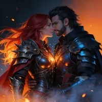 A close-up portrait of two armored lovers, their foreheads touching. Their black plate armor is lit from within by a magical, orange glow at the chest, mirroring the sparks and embers that fill the dark, cinematic background.