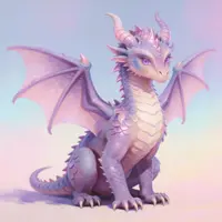 A slender, lilac-colored dragon hatchling with elegant wings sits regally against a dreamy, soft-focus background. The iridescent texture of its scales catches a gentle light, giving the character a magical and high-fantasy feel suitable for a storybook illustration.