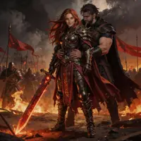 A massive warrior in heavy plate armor stands protectively behind a red-haired swordswoman. She rests her glowing, ember-filled greatsword against the ground, the orange light reflecting off their dark, detailed armor amidst the smoke of a fading battle.