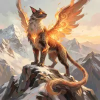 A magnificent winged feline with earth-toned fur and glowing lava-like markings stands atop a snowy mountain peak. Its large, feathered wings are infused with swirling orange flames, and golden runes are etched across its shoulders and flanks. The creature has glowing amber eyes and a long, tufted tail, overlooking a vast, sunlit range of jagged, snow-covered mountains in a high-fantasy, painterly style.