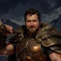 A rugged, bearded human male in his prime, wearing heavy fur-lined leather and bronze plate armor. He holds a large hunting horn to his shoulder, looking toward the viewer with a confident smirk. The background shows hazy, cold mountain peaks during twilight.