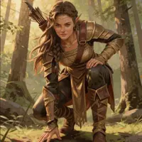 A determined female elf ranger with long, braided brown hair kneels on the forest floor, scouting for tracks. She wears practical leather and scale armor in earthy tones. The sunlight filters through the canopy in a detailed, painterly style, highlighting her focused expression and the textures of the woodland environment.