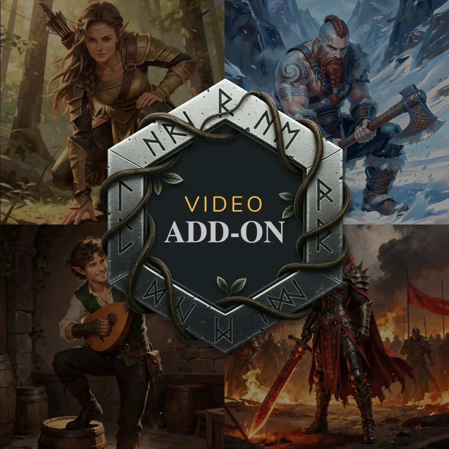 A professional promotional graphic featuring a central, hexagonal stone emblem engraved with ancient runes and wrapped in tangled vines. The text "VIDEO ADD-ON" is prominently displayed in a gold and white font. In the background, four distinct fantasy character archetypes are showcased in a collage: a woodland archer, a frost-covered Viking, a cheerful halfling bard playing a lute, and a flame-wreathed warrior on a smoky battlefield.
