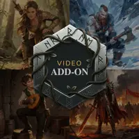 A professional promotional graphic featuring a central, hexagonal stone emblem engraved with ancient runes and wrapped in tangled vines. The text "VIDEO ADD-ON" is prominently displayed in a gold and white font. In the background, four distinct fantasy character archetypes are showcased in a collage: a woodland archer, a frost-covered Viking, a cheerful halfling bard playing a lute, and a flame-wreathed warrior on a smoky battlefield.