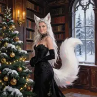 A sophisticated fox-eared woman with flowing white hair stands beside a decorated Christmas tree in a grand, dark-wood library. She wears an elegant black strapless gown and long gloves, while a snowy forest is visible through the tall arched window behind her. This piece captures a refined, high-fantasy holiday aesthetic with soft candlelight and rich textures.