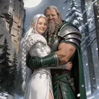 A silver-haired elven maiden in a white gown shares a warm embrace with a weathered, bearded human warrior in green and silver plate armor. They are set against a tranquil, snowy mountain forest under a soft, winter light, capturing a moment of quiet peace.