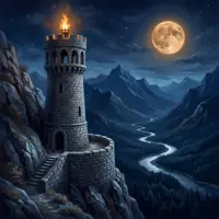 Medieval stone watchtower on a cliffside overlooking a winding river valley under a bright full moon and starry night sky.