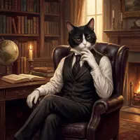 An anthropomorphic tuxedo cat in a three-piece suit sitting in a leather armchair within a classic library.