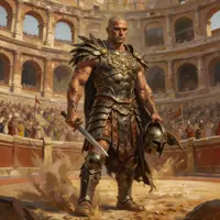 A scarred, veteran gladiator stands in the center of a sunlit colosseum. He wears heavy bronze plate and leather, holding a short sword with a battered helmet in his other hand. The crowded stands behind him are rendered in a soft-focus, atmospheric style.