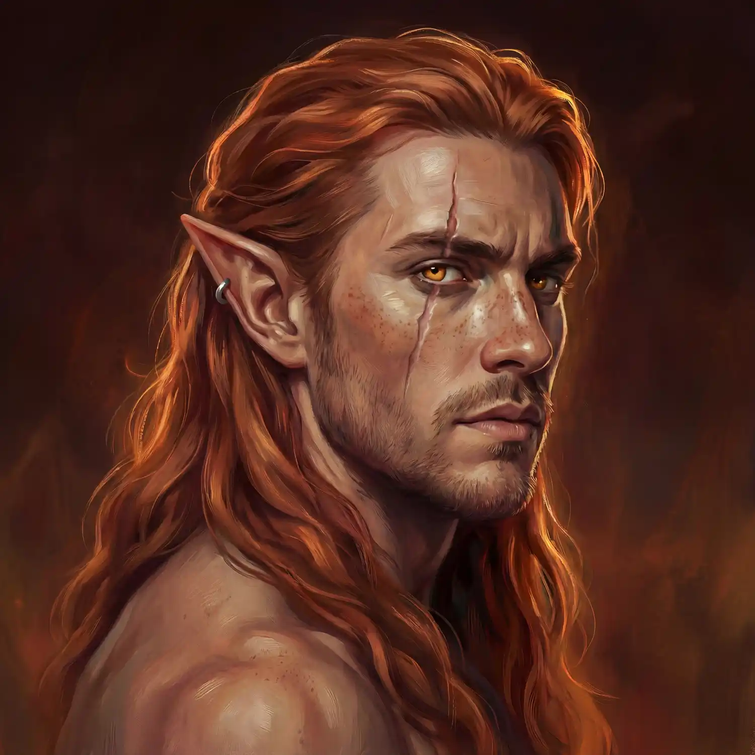 A detailed digital bust of a stoic male elf with long, flowing copper-red hair and a prominent vertical facial scar over one eye. He gazes intensely to the side, appearing shirtless with a muscular build against a dark, moody background with warm, ember-like lighting.