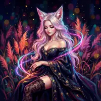 A mystical fox-eared maiden with long, wavy lavender hair sits elegantly among glowing stalks of pink pampas grass. She wears an ornate black gown shimmering with golden star patterns, highlighted by swirling ribbons of neon light. The scene is set against a dark, bokeh-filled background, creating a dreamy, high-fantasy atmosphere with rich, saturated colors and magical sparkles.