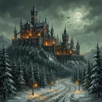 Gothic fantasy castle on a snowy mountain peak at night, featuring glowing orange windows and a misty, pine-covered forest.