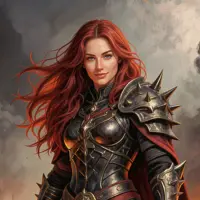 Medieval fantasy fierce redhead woman in spiked black plate armor, fiery long-haired female warlord with stormy overcast sky, dark knight champion concept art, gothic RPG villain warrior design
