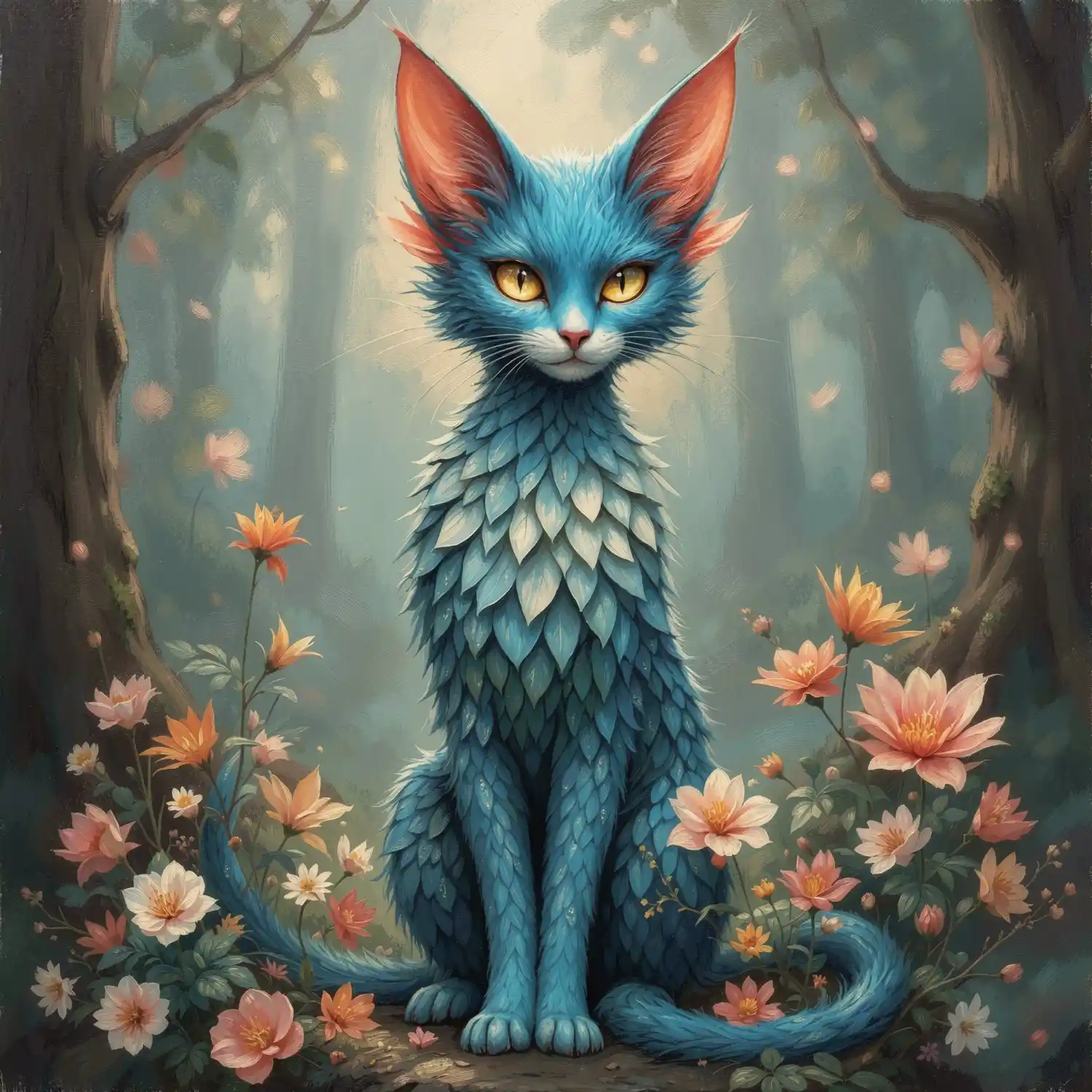 An ethereal, feline creature with vibrant blue scales or leaf-like fur sits prominently in a soft-focus forest. It has large, ears tipped with orange fins and piercing yellow eyes. Its slender, scaly body is surrounded by delicate pink and orange flowers, with muted sunlight filtering through the background trees to create a magical, painterly atmosphere.