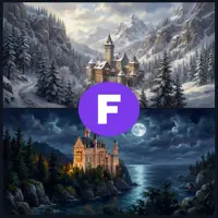 A split image featuring a daytime view of a mountain-top citadel surrounded by pine trees and a nighttime view of a stone castle illuminated by a bright full moon reflecting on a calm lake.