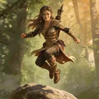 An action-oriented illustration of an elven ranger leaping through the air from a rocky outcrop. Her hair and leather tunic flow with her movement, capturing a high-stakes moment of agility. The dynamic, painterly digital art style emphasizes power and grace in a vibrant, sunlit forest setting.