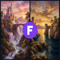 A vertical comparison of two magical locations. One side displays a sprawling castle built over a massive, cascading waterfall; the other shows a coastal fortress overlooking a golden sea during a dramatic sunset.