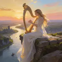 A graceful, blonde elf or celestial maiden in a flowing white gown sits on a high, mossy cliff overlooking a winding river at sunset. She plays a large, golden-filigree harp, her expression one of deep tranquility. The distant landscape features crumbling stone ruins and golden-hour light reflecting off the water, rendered in an ethereal, painterly high-fantasy style that captures a sense of ancient peace and magic.