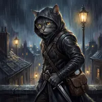 An anthropomorphic black cat in a hooded leather rogue outfit, holding a dagger on a rainy rooftop at night.