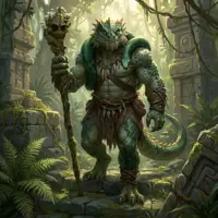 A hulking green anthropomorphic lizard decorated with tribal gear, holding a staff topped with a skull.