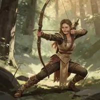A female elf archer in a wide, stable stance draws back her longbow, aiming an arrow with intense precision. She is dressed in layered leather armor and a tan loincloth, standing in a clearing where dust motes dance in the light. The style is cinematic and sharp, focusing on her lethal concentration.